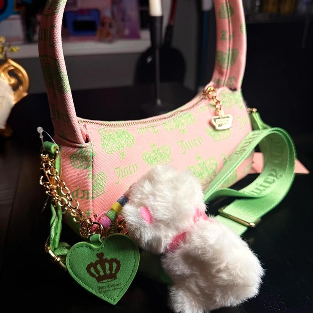 Juicy Couture Festival Shoulder Bag Pink Green Crown Print Charm NWT